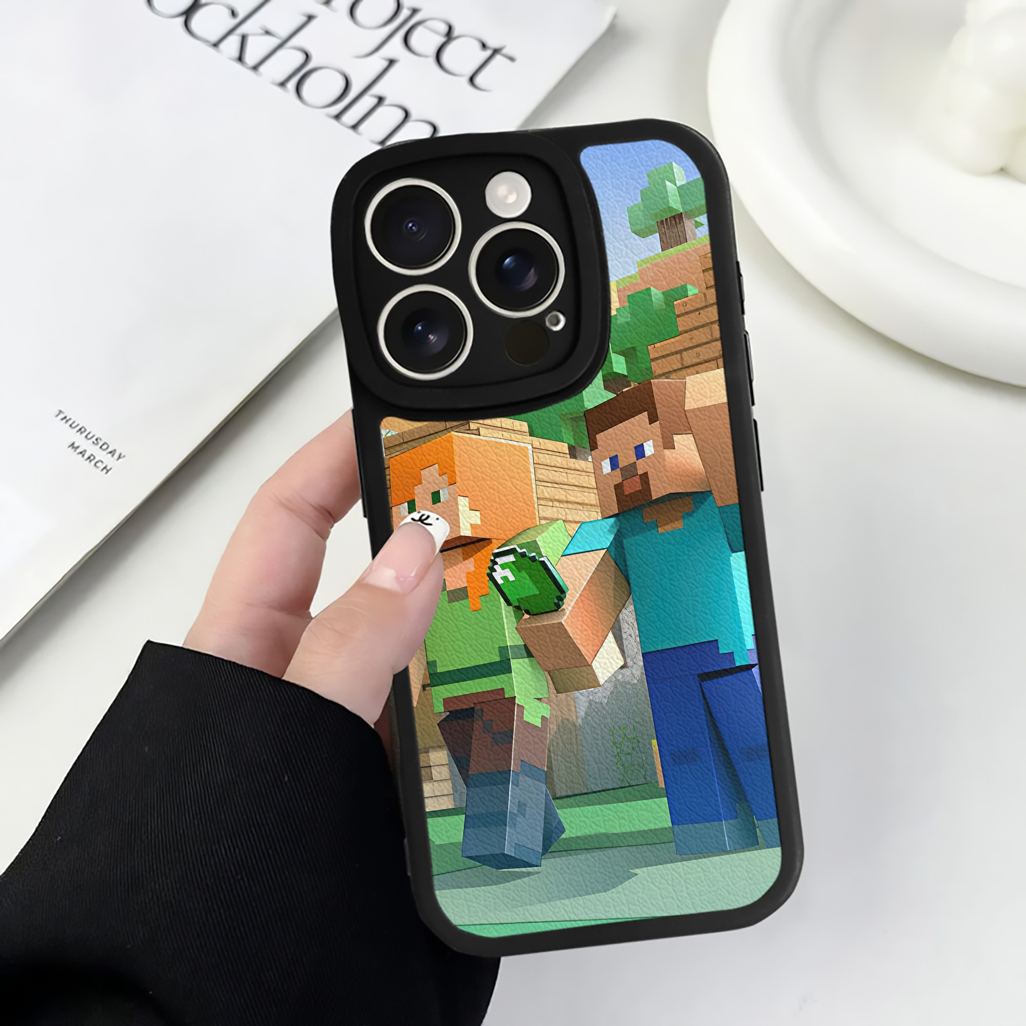 （画像用） マインクラフト ブロックの世界 Minecraft MC Block world 【iPhone 16シリーズ対応】シリコンスマホケース（レザー調） 材質：シリコン